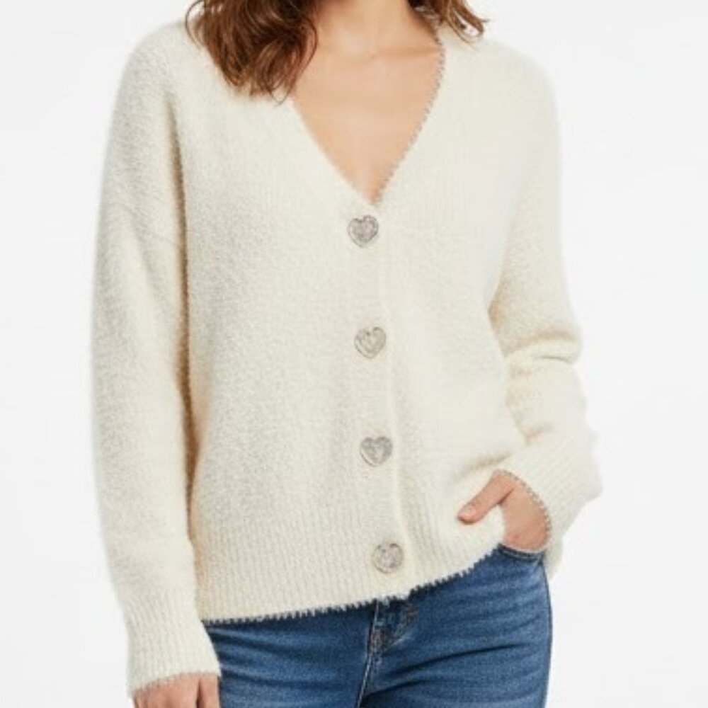 English Factory Fuzzy Cardigan 1X Cream Ivory Pearl Heart Buttons NWT Soft Coque